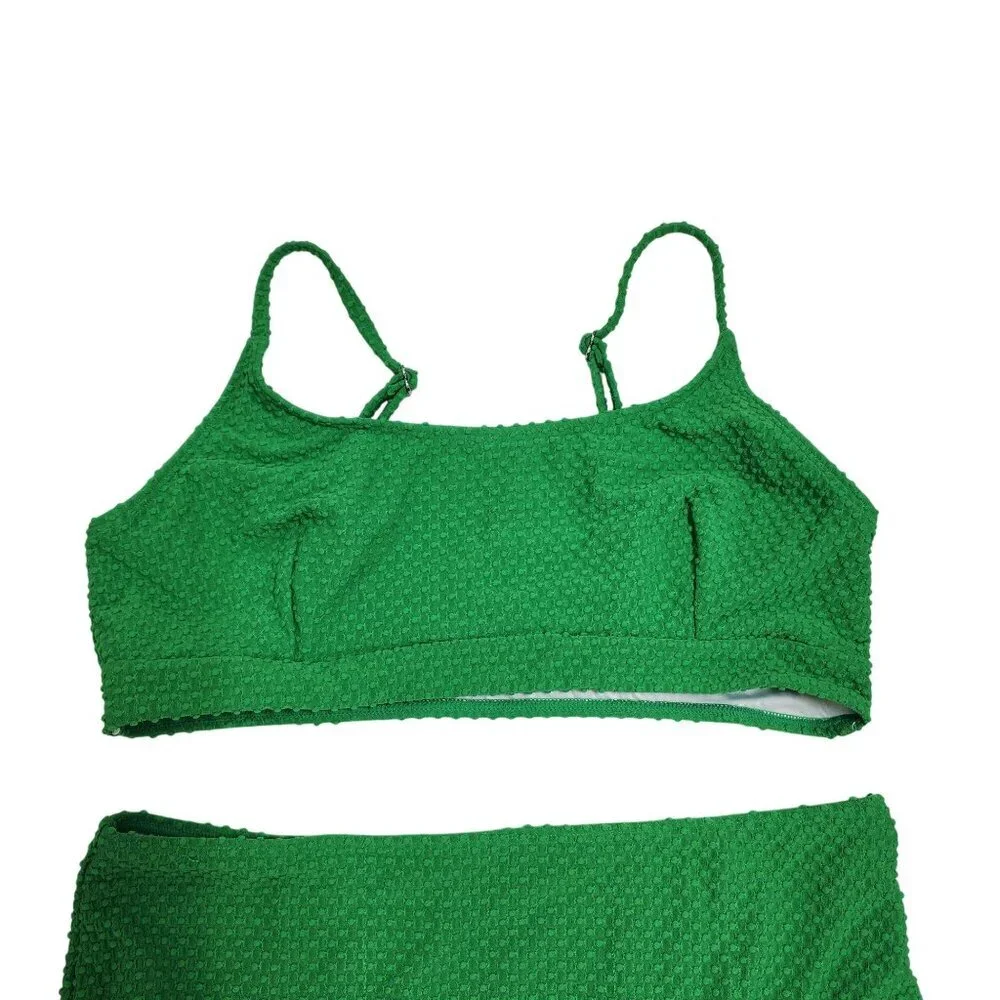 Green Womens Textured High Waist Bikini Set Swimsuit Size L